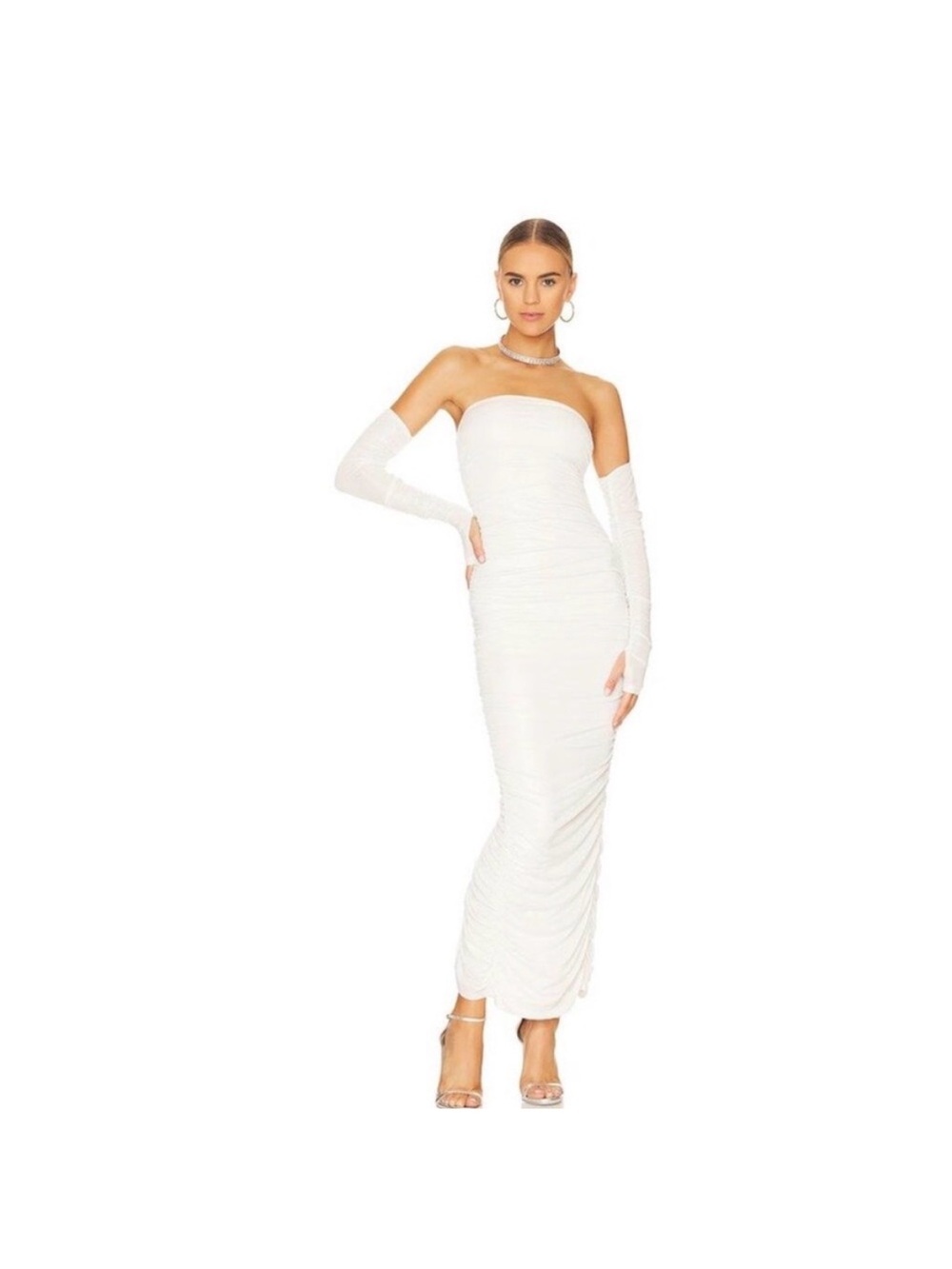 REVOLVE Strapless White Ruched Maxi Dress with Arm Sleeves